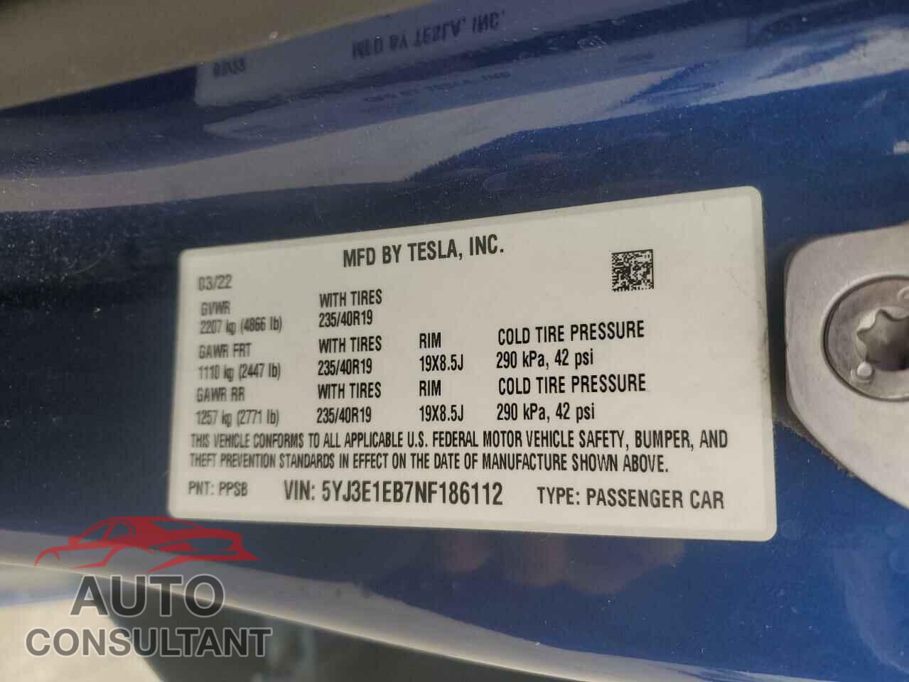 TESLA MODEL 3 2022 - 5YJ3E1EB7NF186112