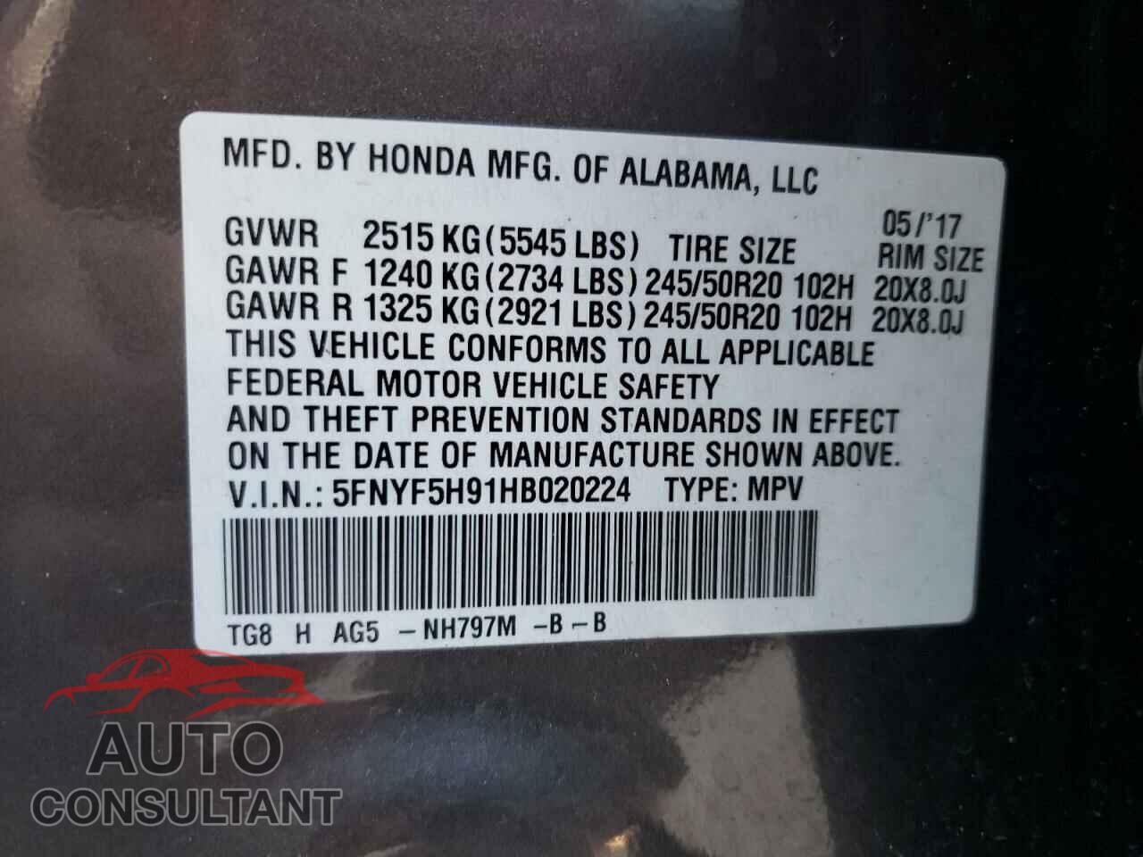 HONDA PILOT 2017 - 5FNYF5H91HB020224