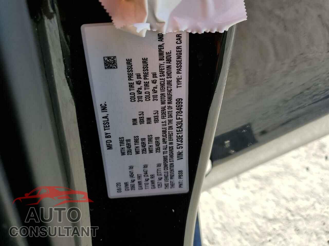 TESLA MODEL 3 2020 - 5YJ3E1EA3LF784699