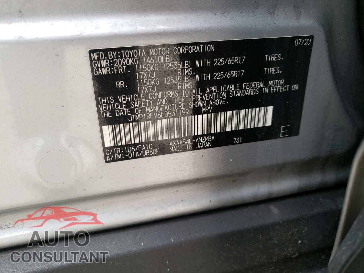 TOYOTA RAV4 2020 - JTMP1RFV6LD531199