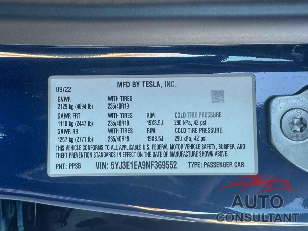 TESLA MODEL 3 2022 - 5YJ3E1EA9NF369552