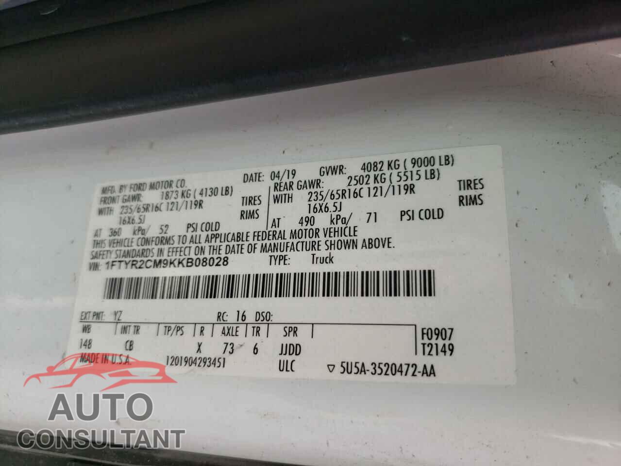 FORD TRANSIT CO 2019 - 1FTYR2CM9KKB08028