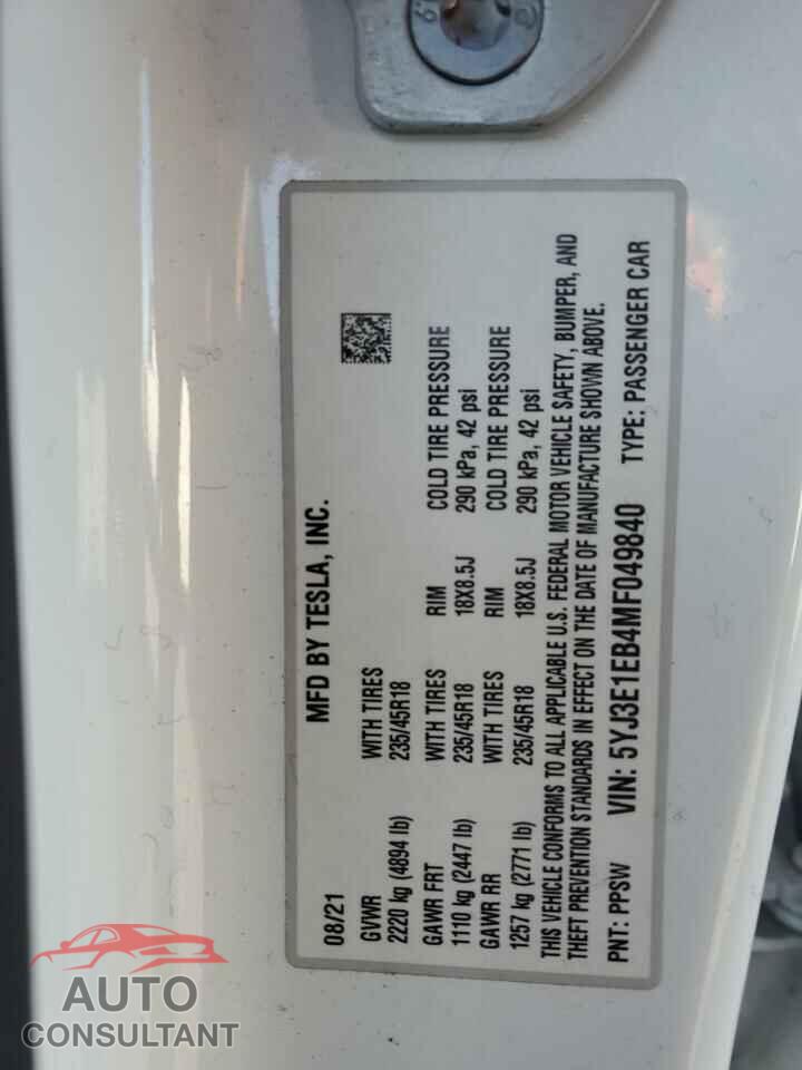 TESLA MODEL 3 2021 - 5YJ3E1EB4MF049840