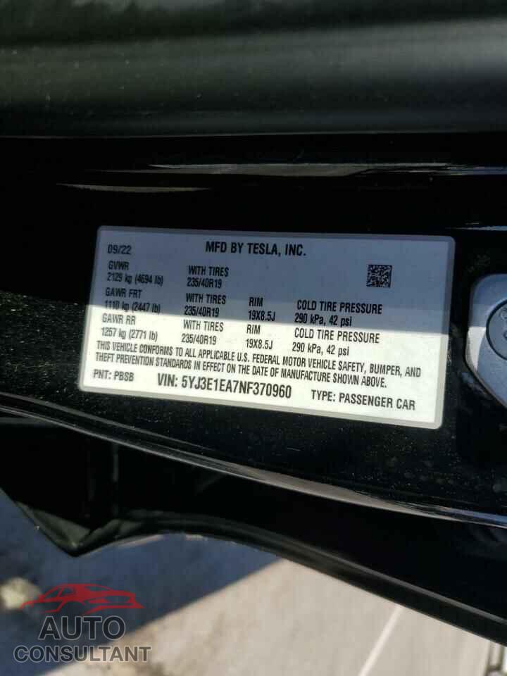 TESLA MODEL 3 2022 - 5YJ3E1EA7NF370960