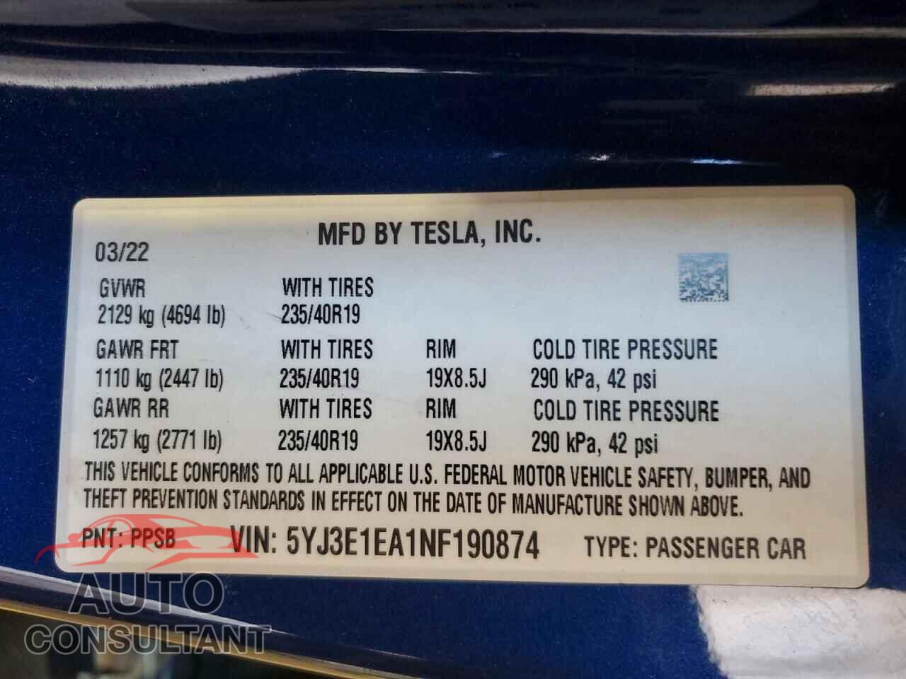 TESLA MODEL 3 2022 - 5YJ3E1EA1NF190874