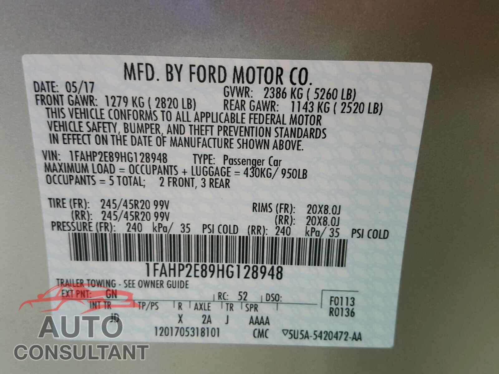 FORD TAURUS 2017 - 1FAHP2E89HG128948