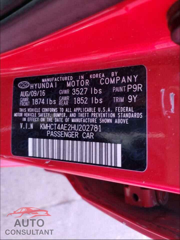 HYUNDAI ACCENT 2017 - KMHCT4AE2HU202781
