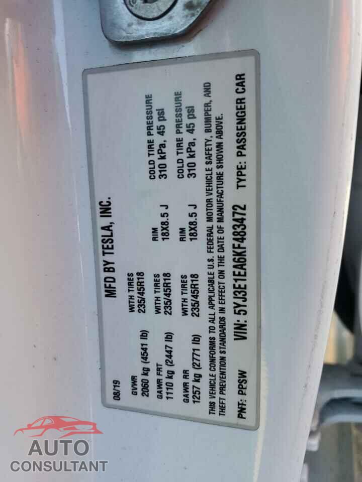 TESLA MODEL 3 2019 - 5YJ3E1EA6KF483472