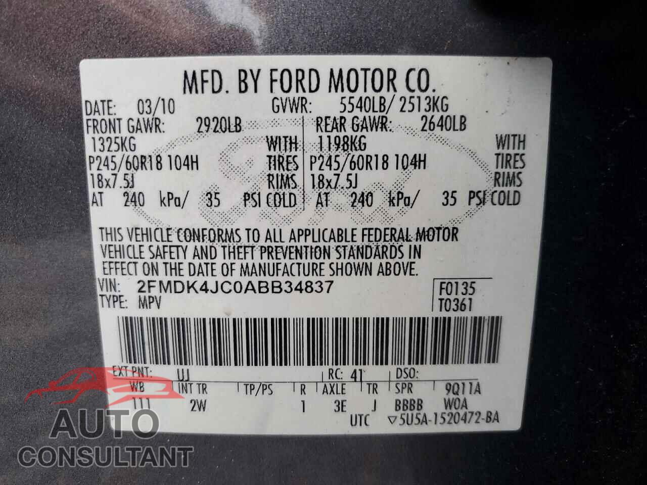 FORD EDGE 2010 - 2FMDK4JC0ABB34837