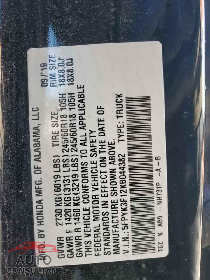 HONDA RIDGELINE 2019 - 5FPYK3F12KB044382