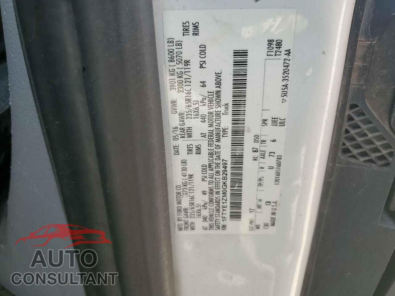 FORD TRANSIT 2016 - 1FTYE1ZM0GKB29497