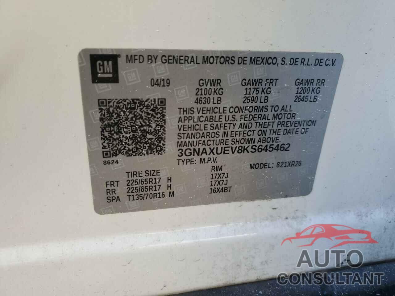 CHEVROLET EQUINOX 2019 - 3GNAXUEV8KS645462