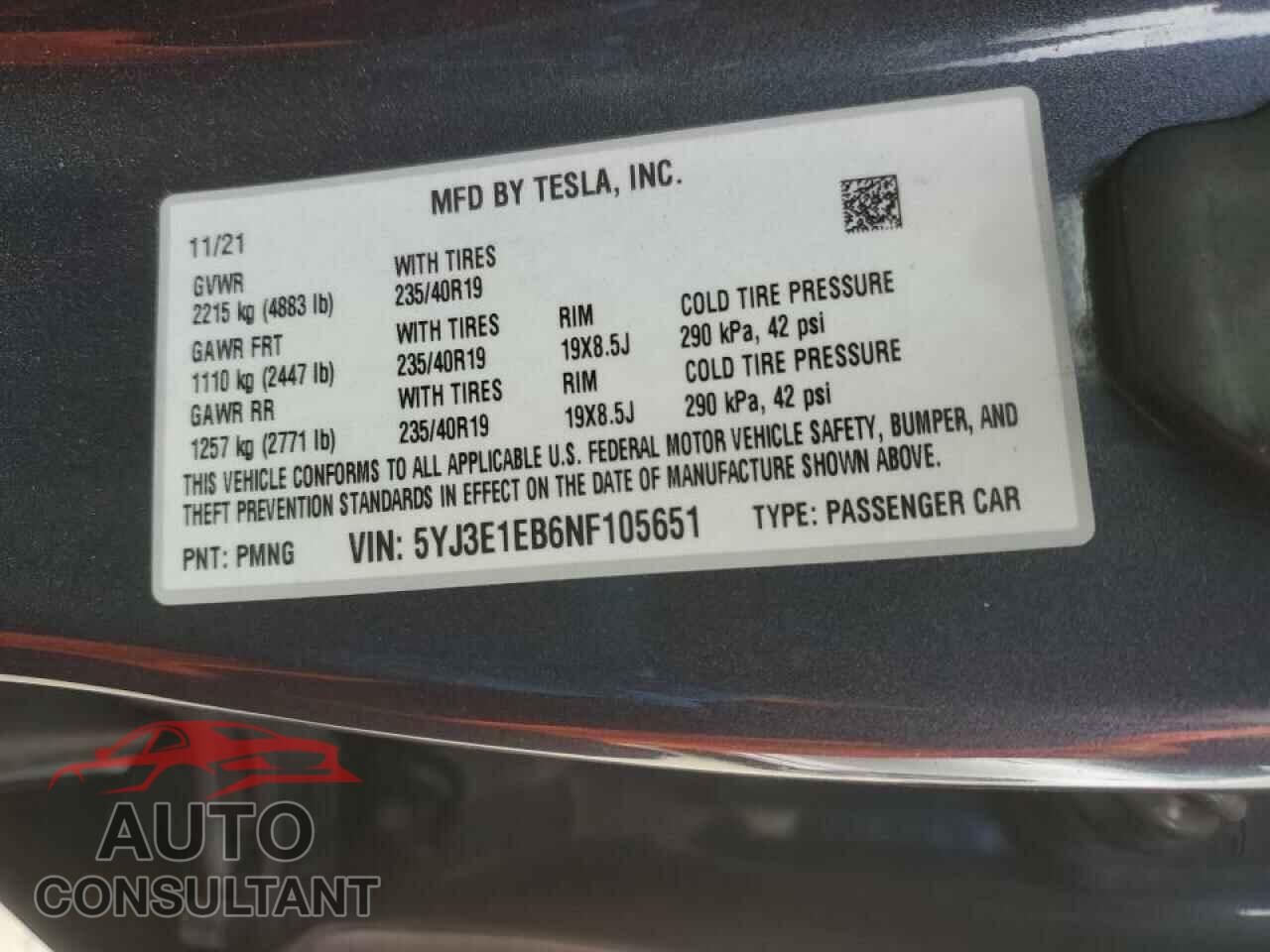 TESLA MODEL 3 2022 - 5YJ3E1EB6NF105651