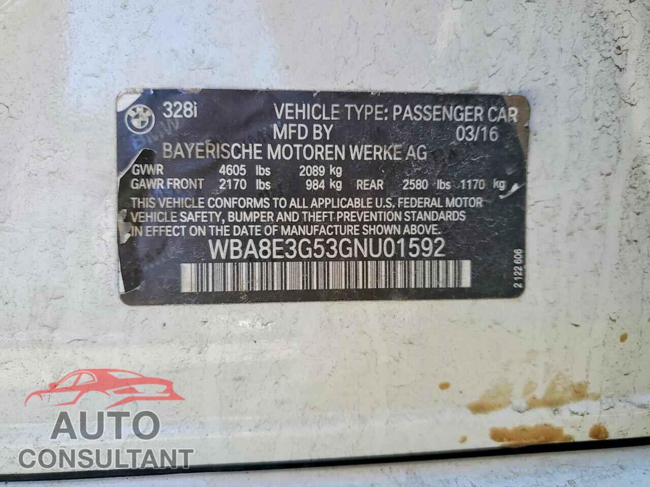 BMW 3 SERIES 2016 - WBA8E3G53GNU01592