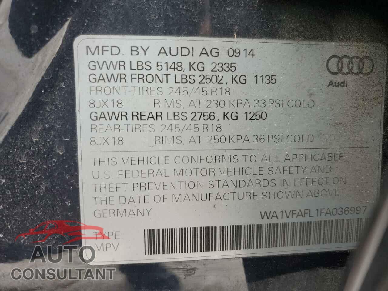 AUDI A4 2015 - WA1VFAFL1FA036997