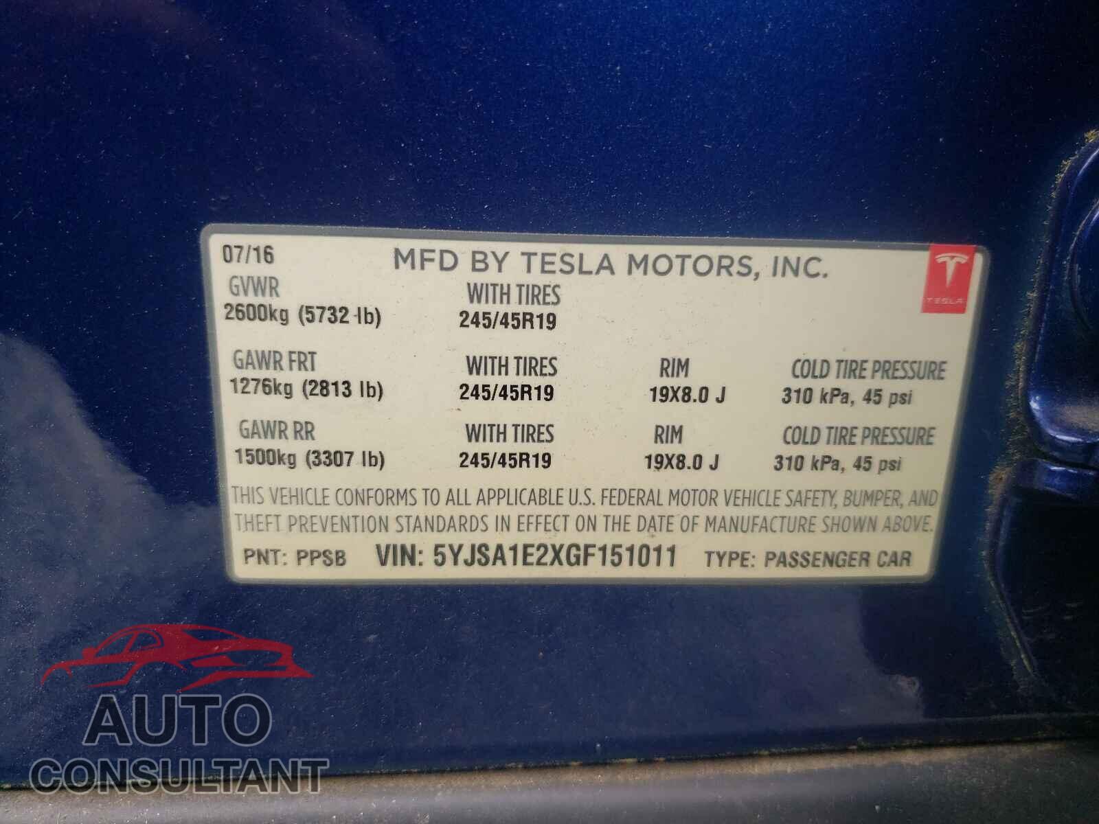 TESLA MODEL S 2016 - 5YJSA1E2XGF151011