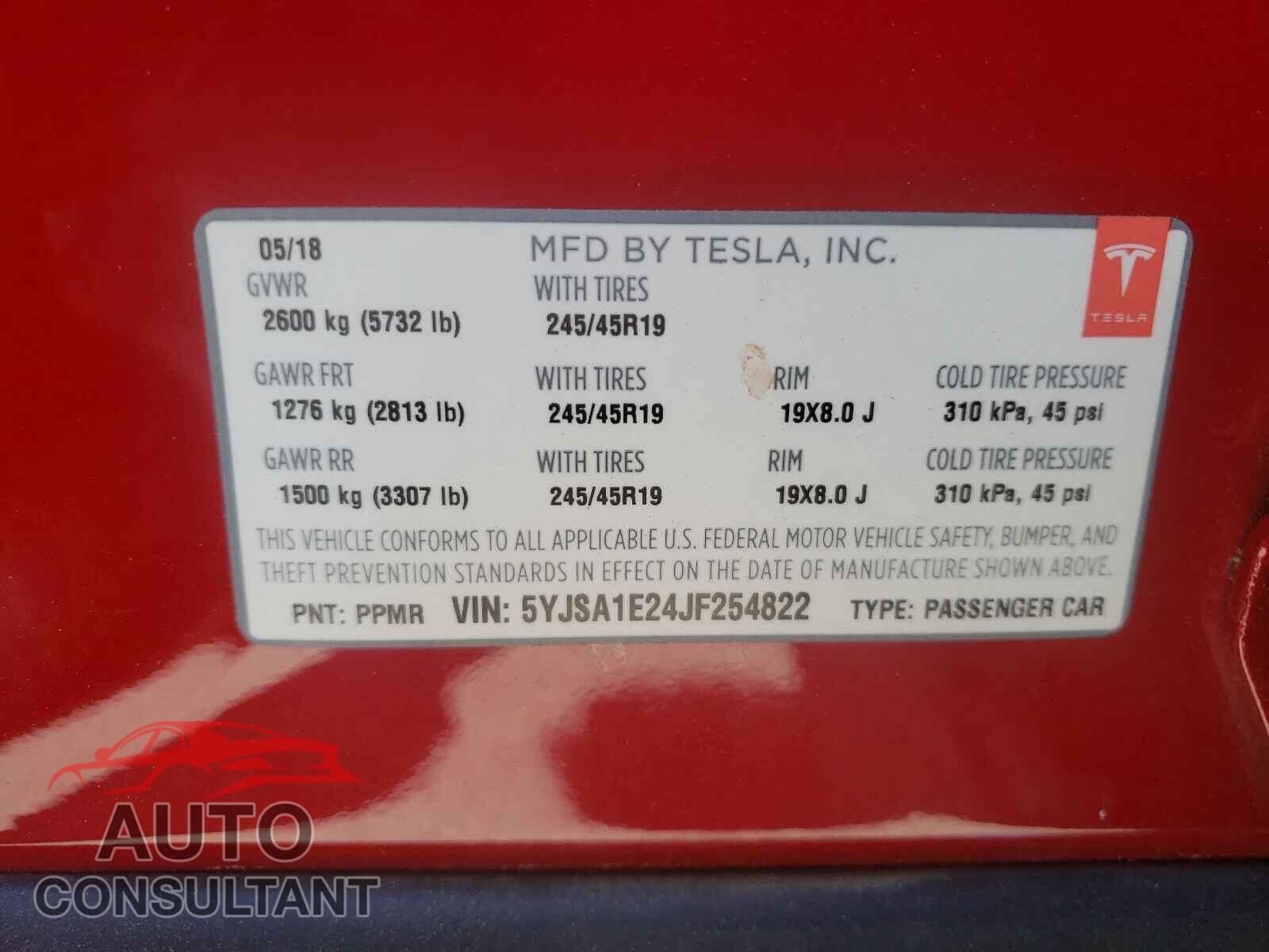 TESLA MODEL S 2018 - 5YJSA1E24JF254822