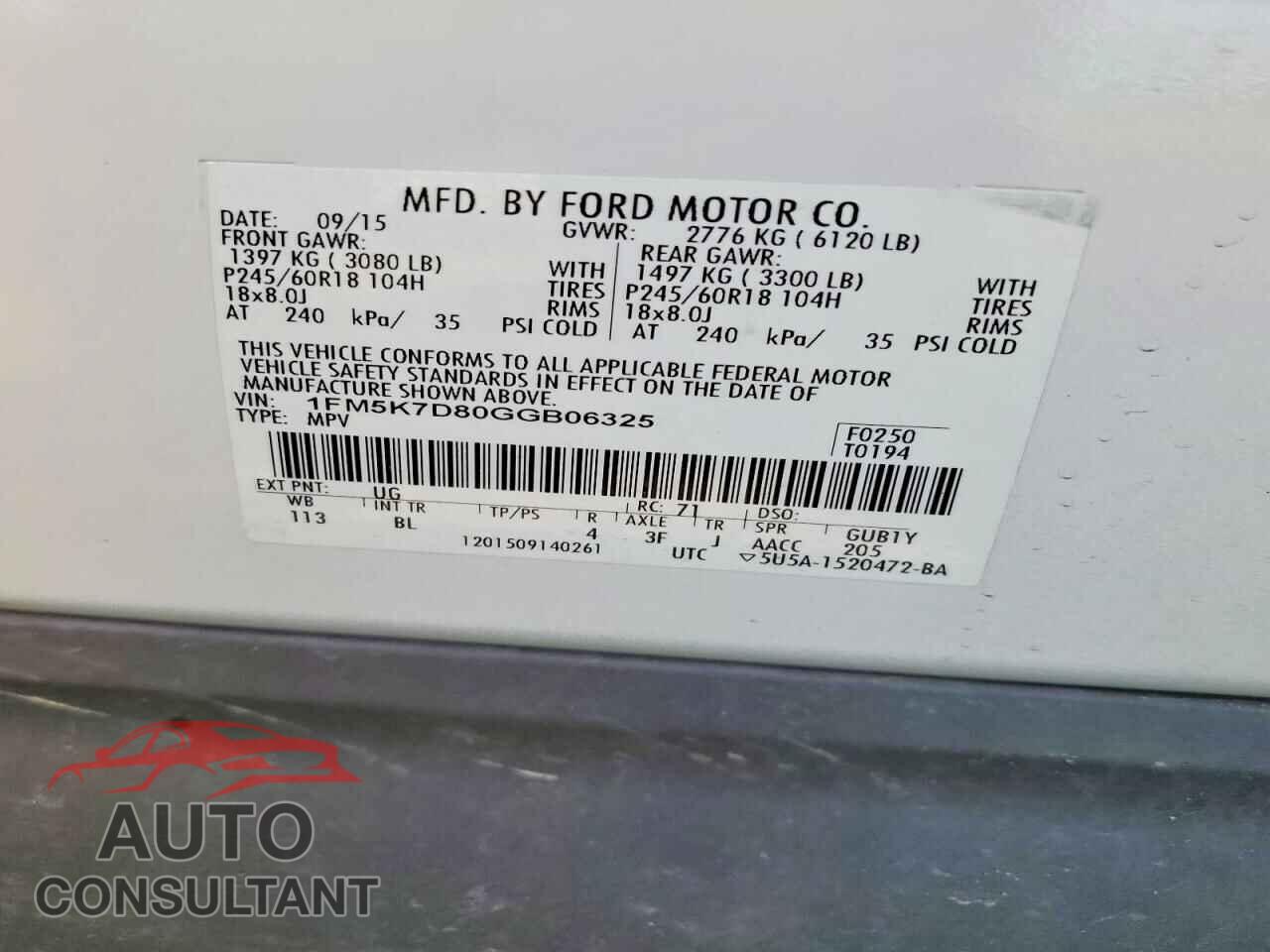 FORD EXPLORER 2016 - 1FM5K7D80GGB06325