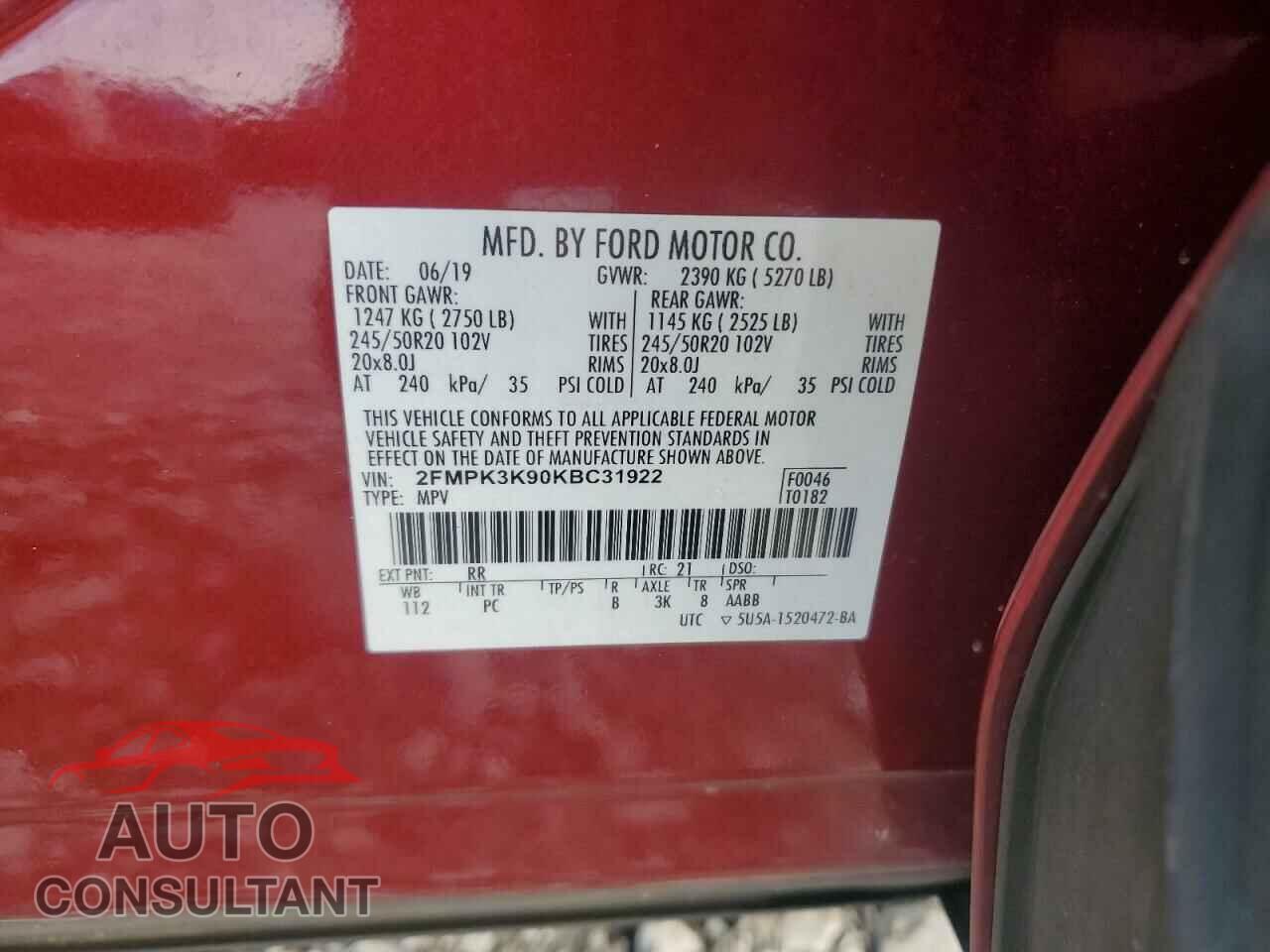 FORD EDGE 2019 - 2FMPK3K90KBC31922