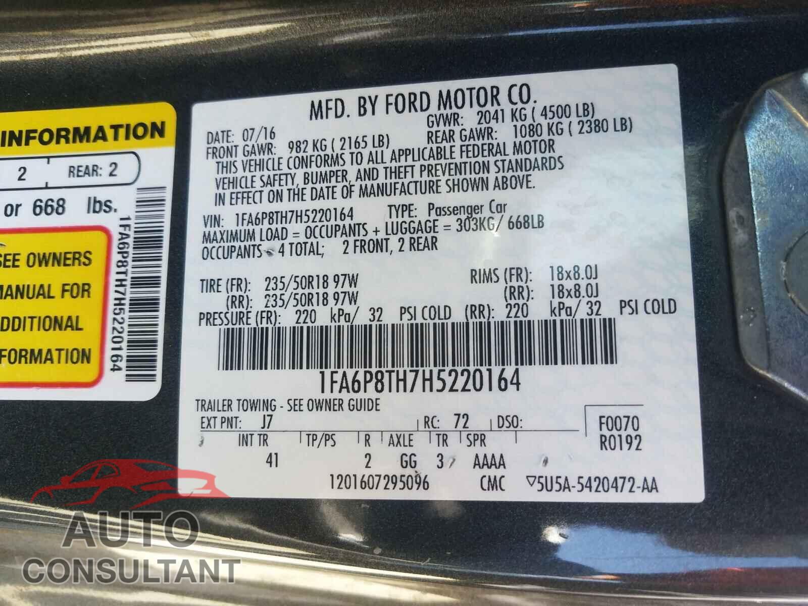 FORD MUSTANG 2017 - 1FA6P8TH7H5220164