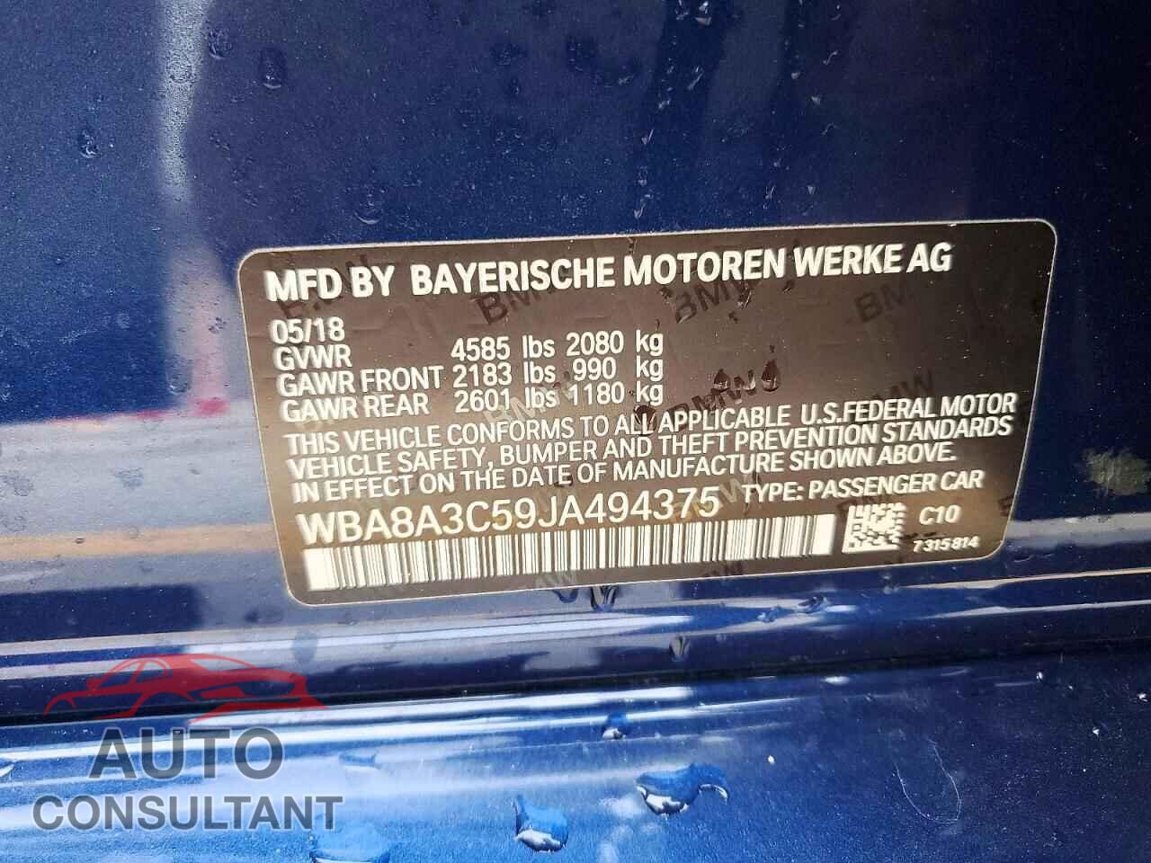 BMW 3 SERIES 2018 - WBA8A3C59JA494375