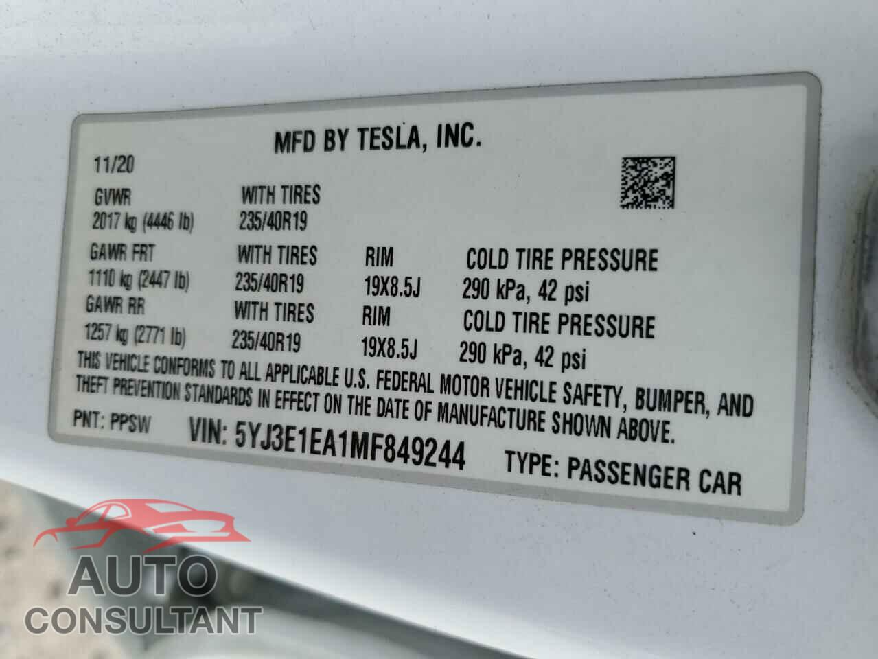 TESLA MODEL 3 2021 - 5YJ3E1EA1MF849244