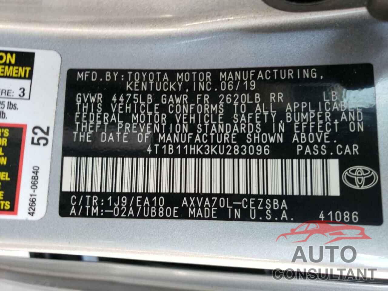 TOYOTA CAMRY 2019 - 4T1B11HK3KU283096