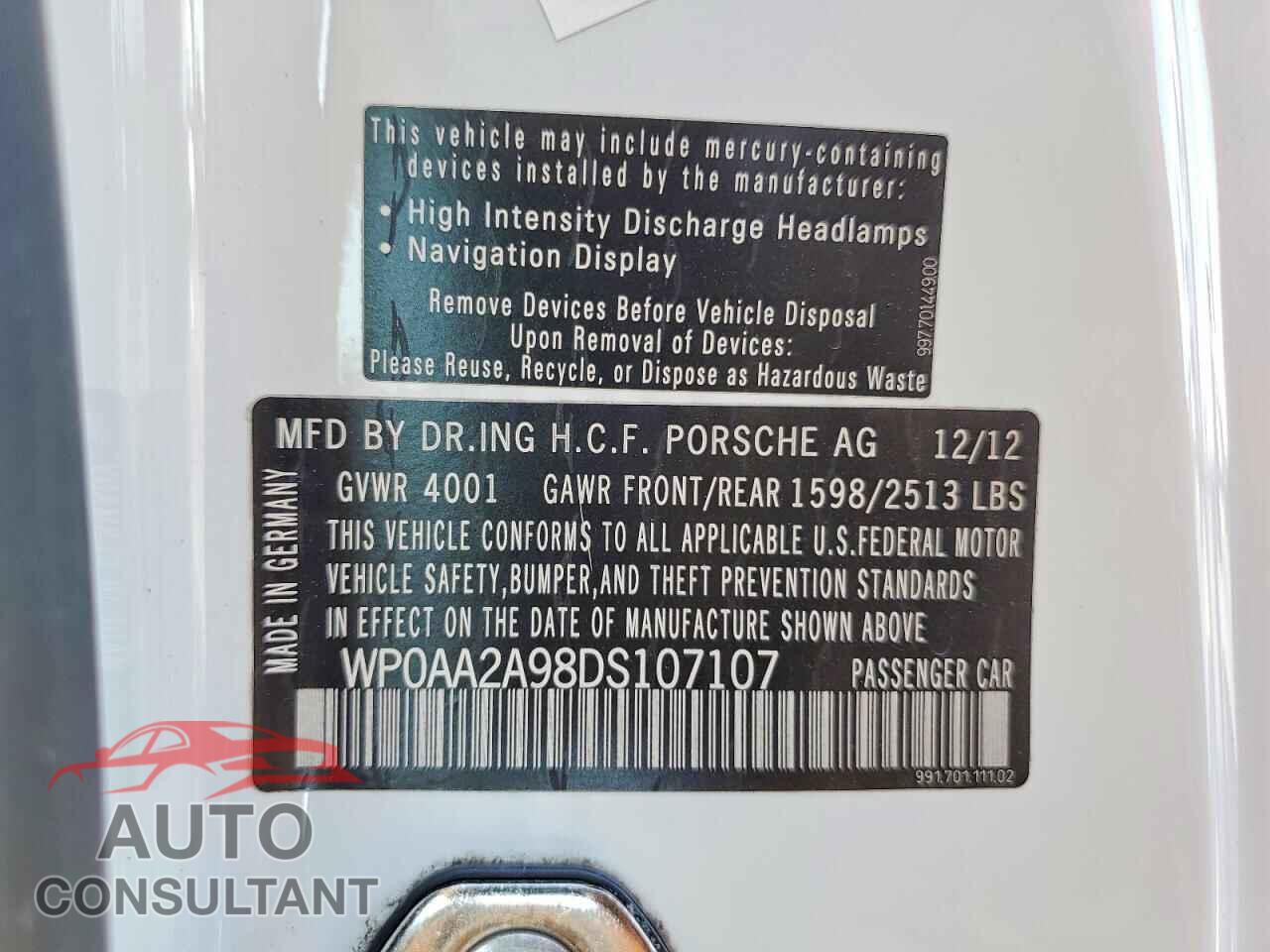 PORSCHE 911 2013 - WP0AA2A98DS107107