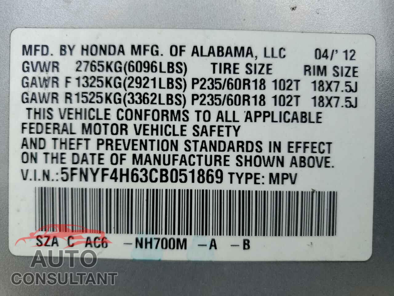 HONDA PILOT 2012 - 5FNYF4H63CB051869