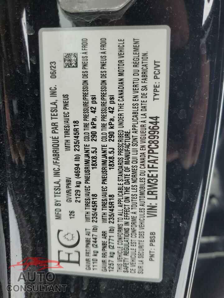 TESLA MODEL 3 2023 - LRW3E1FA7PC899644