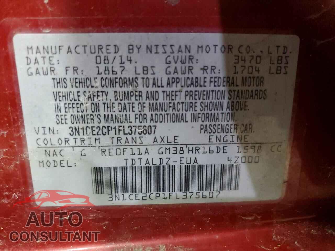 NISSAN VERSA 2015 - 3N1CE2CP1FL375607