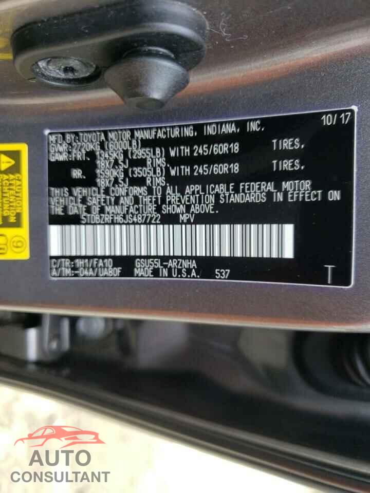 TOYOTA HIGHLANDER 2018 - 5TDBZRFH6JS487722