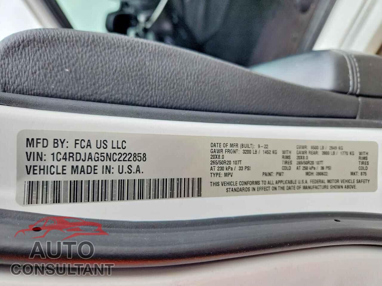 DODGE DURANGO 2022 - 1C4RDJAG5NC222858