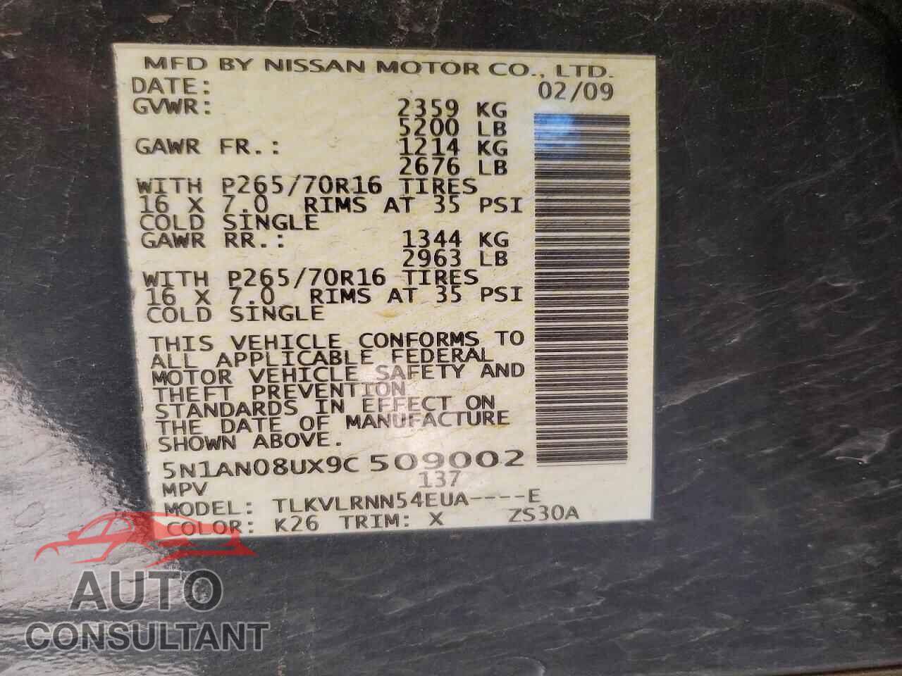 NISSAN XTERRA 2009 - 5N1AN08UX9C509002