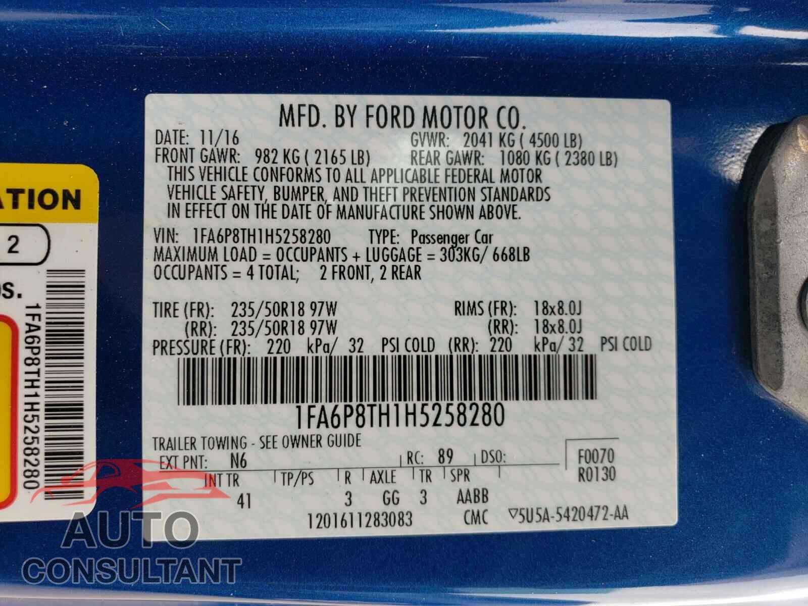 FORD MUSTANG 2017 - 1FA6P8TH1H5258280