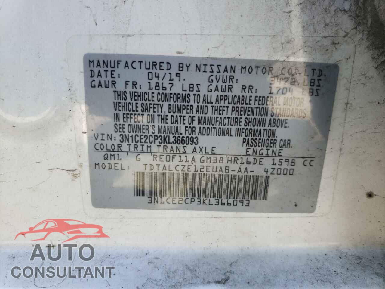 NISSAN VERSA 2019 - 3N1CE2CP3KL366093