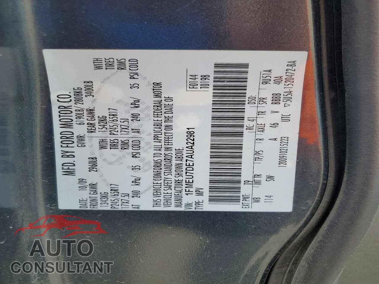 FORD EXPLORER 2010 - 1FMEU7DE7AUA22981