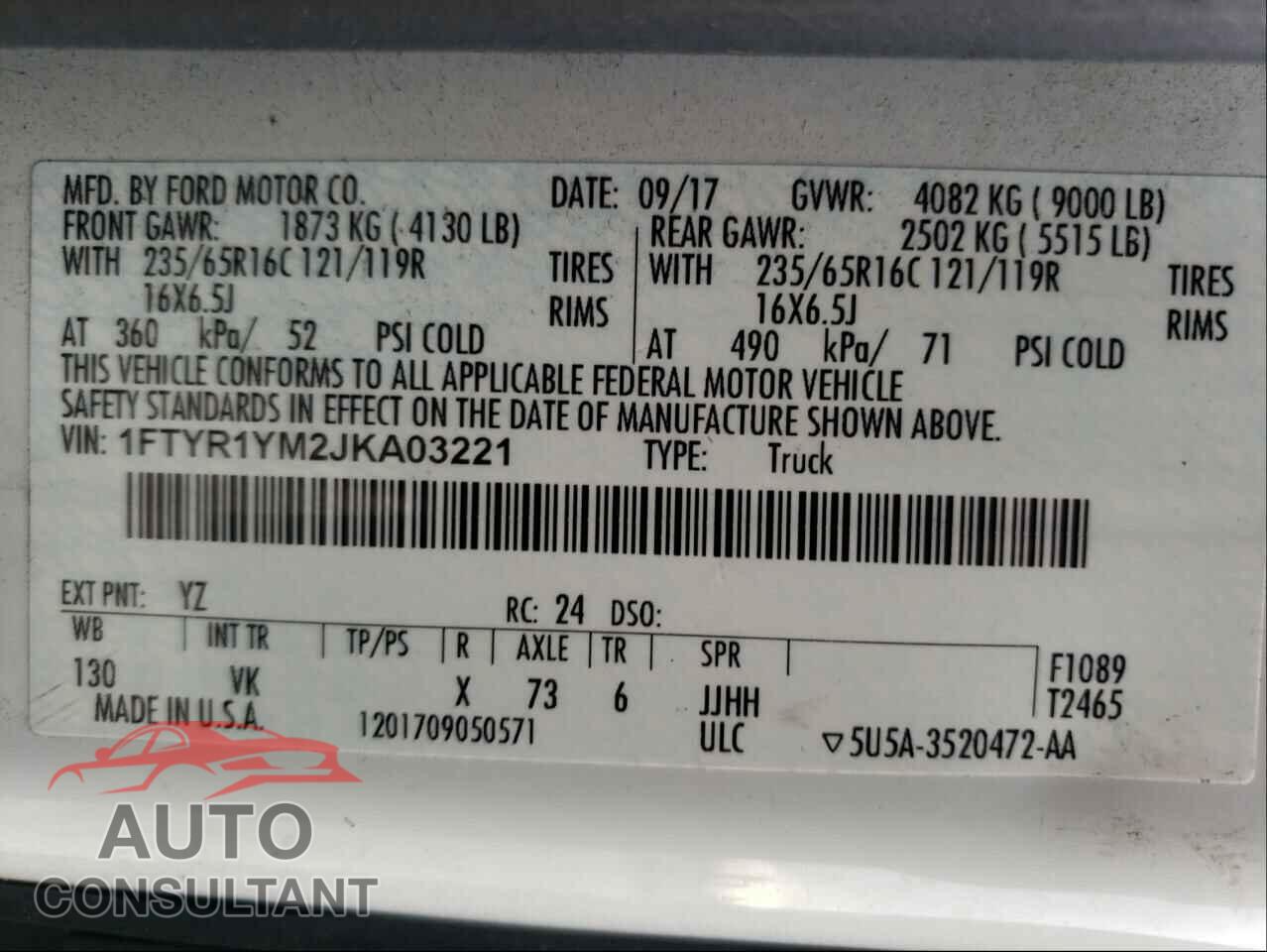 FORD TRANSIT CO 2018 - 1FTYR1YM2JKA03221