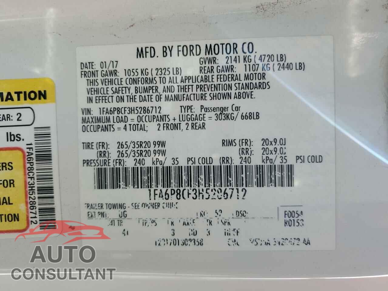FORD MUSTANG 2017 - 1FA6P8CF3H5286712