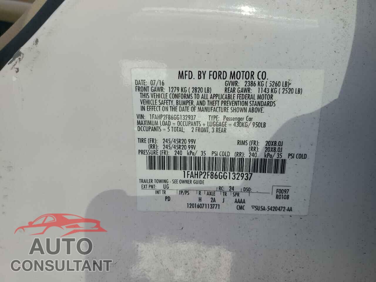 FORD TAURUS 2016 - 1FAHP2F86GG132937