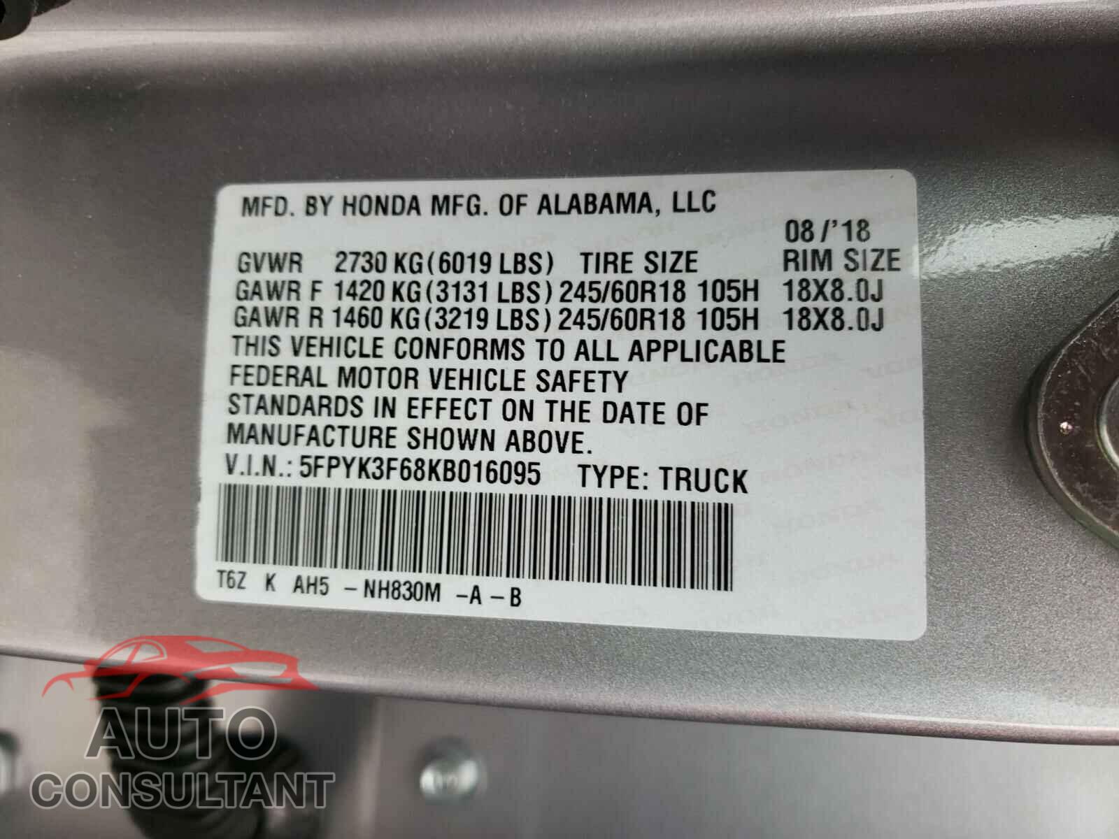HONDA RIDGELINE 2019 - 5FPYK3F68KB016095