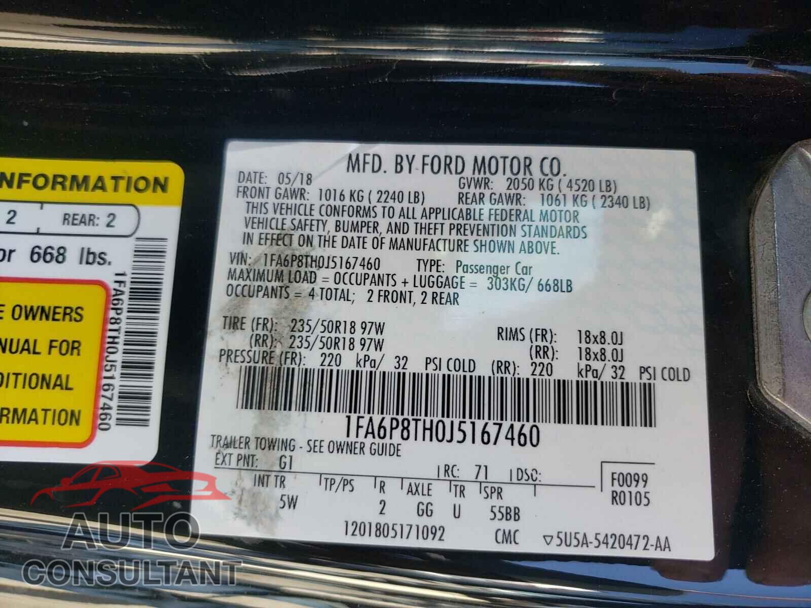 FORD MUSTANG 2018 - 1FA6P8TH0J5167460