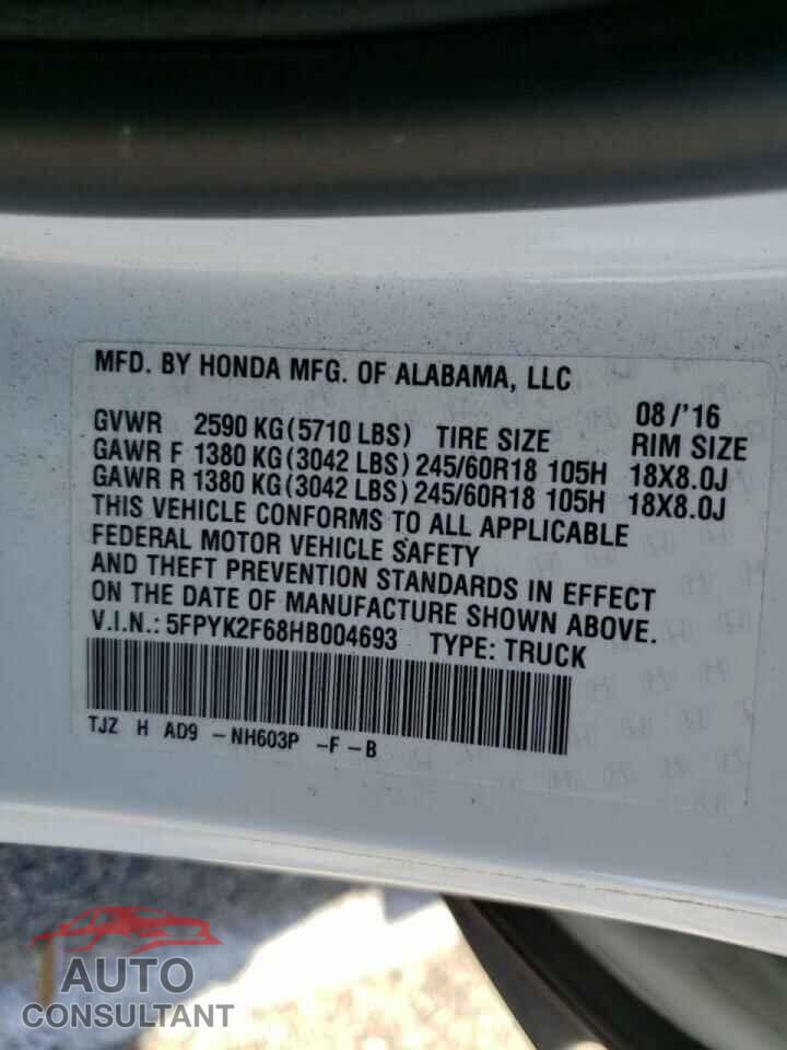 HONDA RIDGELINE 2017 - 5FPYK2F68HB004693