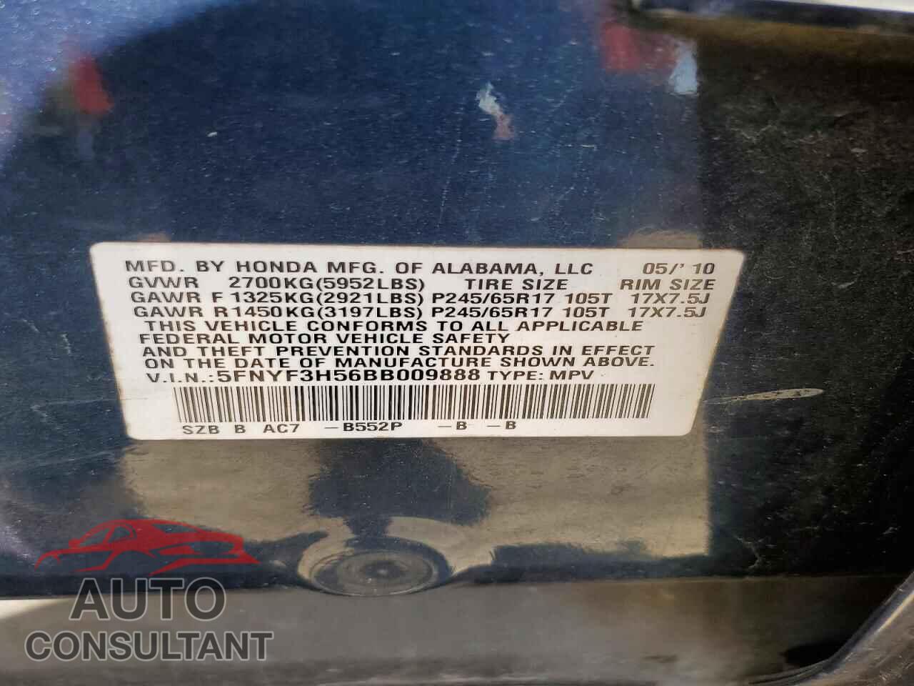 HONDA PILOT 2011 - 5FNYF3H56BB009888