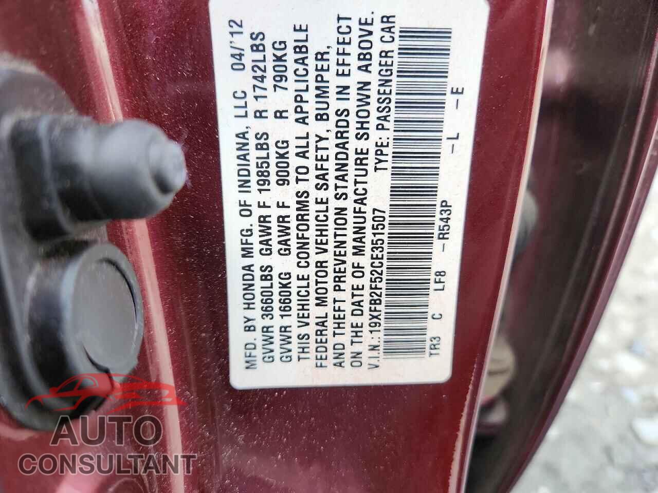 HONDA CIVIC 2012 - 19XFB2F52CE351507