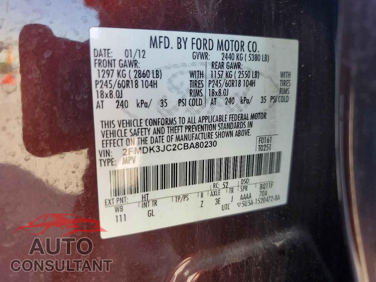 FORD EDGE 2012 - 2FMDK3JC2CBA80230