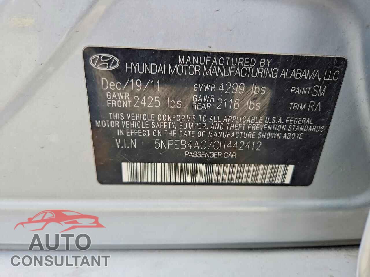 HYUNDAI SONATA 2012 - 5NPEB4AC7CH442412