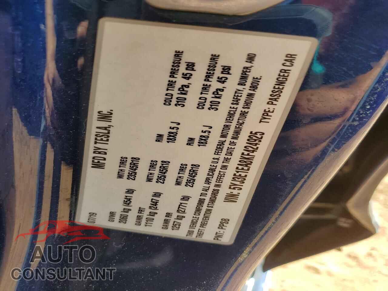 TESLA MODEL 3 2019 - 5YJ3E1EA8KF424925