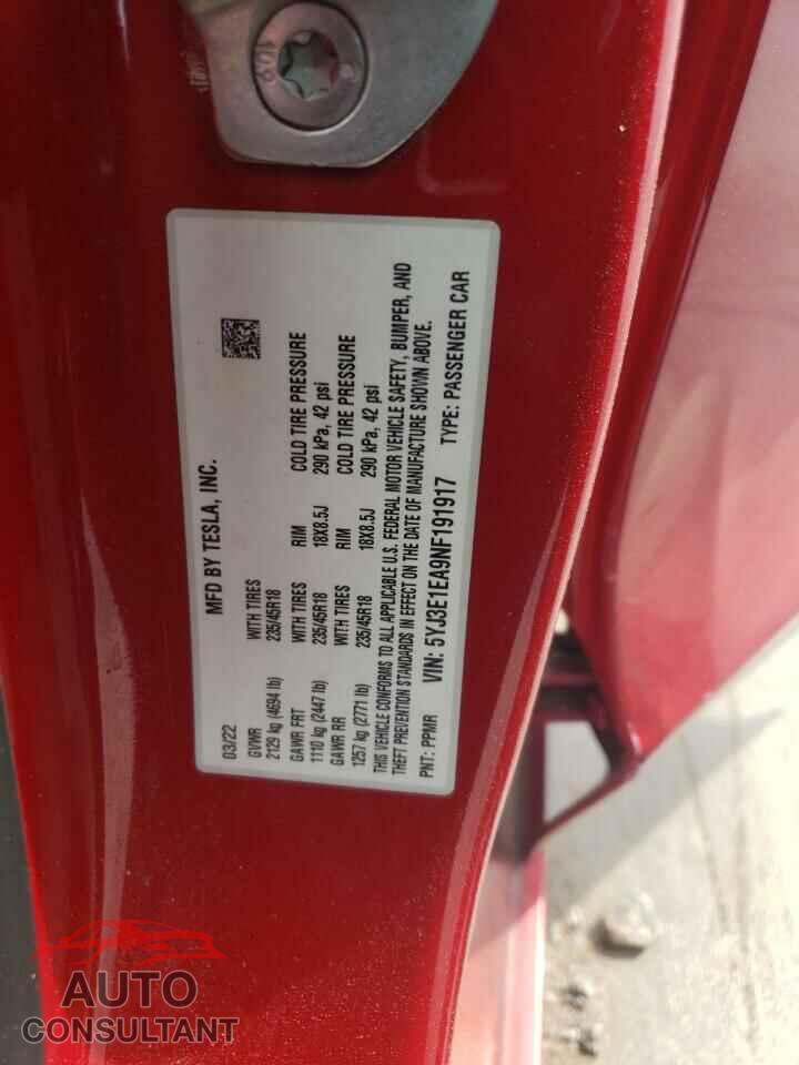 TESLA MODEL 3 2022 - 5YJ3E1EA9NF191917