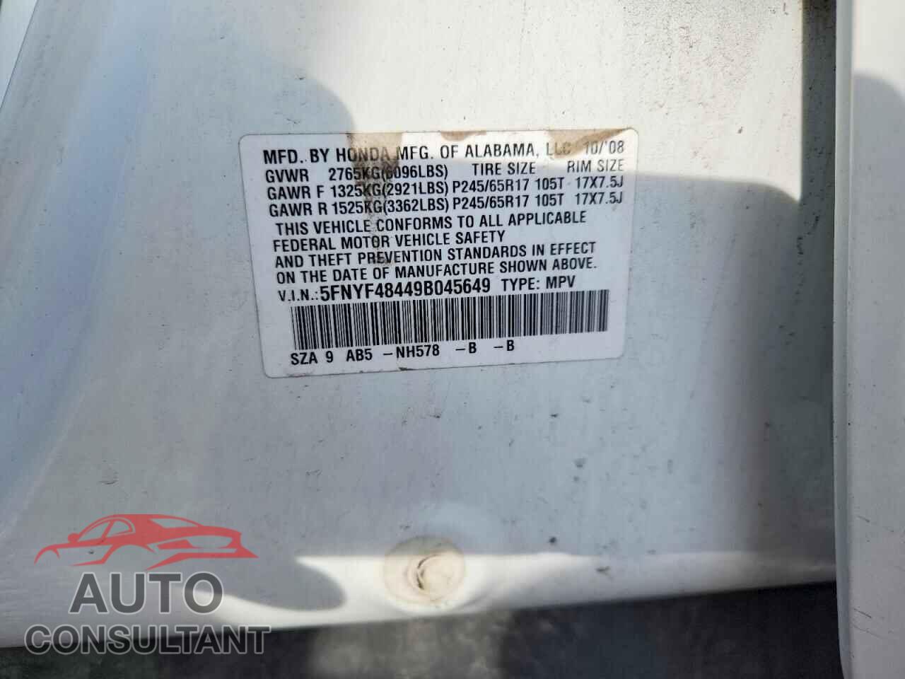 HONDA PILOT 2009 - 5FNYF48449B045649